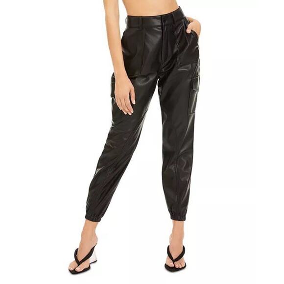 Good American Women's 26.5" Black Faux Leather Cargo Jogger Pants NWT $189 - Picture 1 of 4